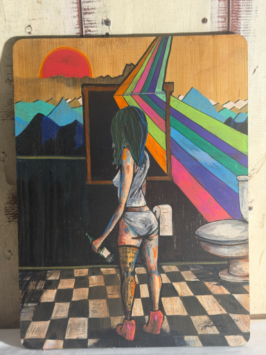 AVAILABLE: 12"X16" wood panel $145 Psychedelic girl in bathroom
