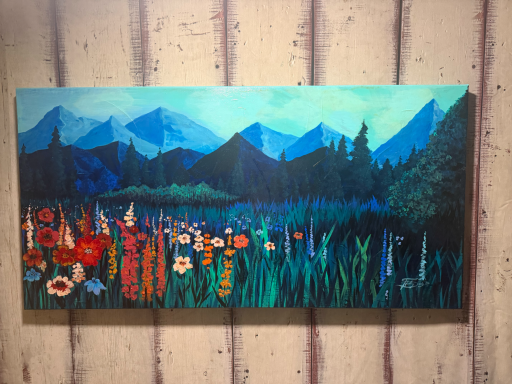 AVAILABLE 39.5"x19.5" $385 Landscape mountains in blues/greens