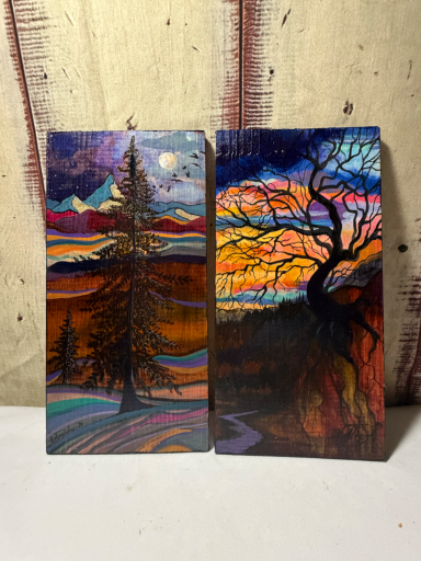 AVAILABLE: 5"X11" Each $80 pair of wood panel paintings